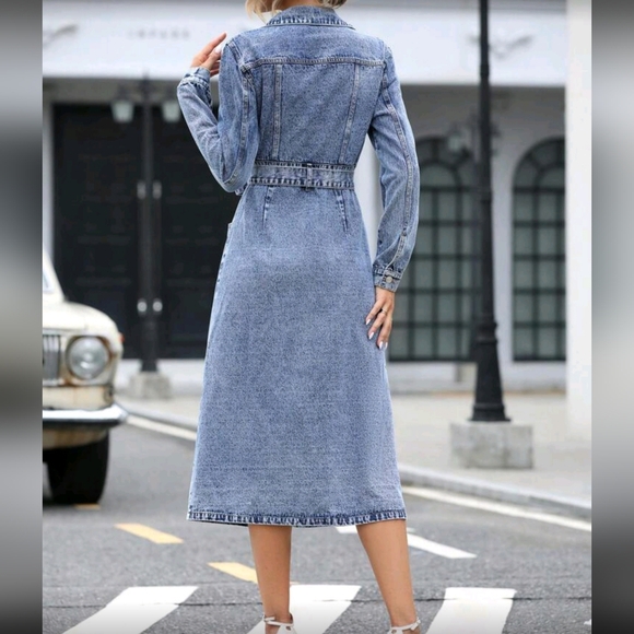 Flap Pocket Belted Denim Dress Fall Cloth For Women - Picture 2 of 7